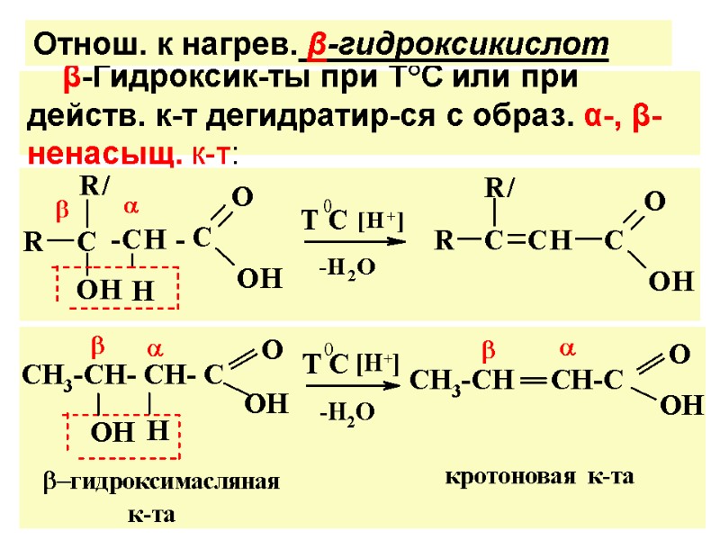 β-Гидроксик-ты при Т°C или при действ. к-т дегидратир-ся с образ. α-, β-ненасыщ. к-т: Отнош.